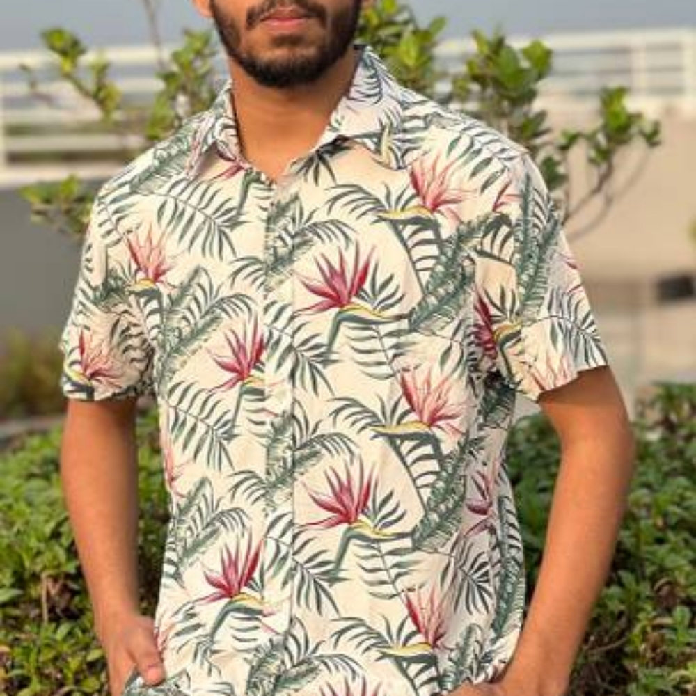 Goodfellow & Co Men's White Leaf Print Short Sleeve Button Down Shirt Size 2XL